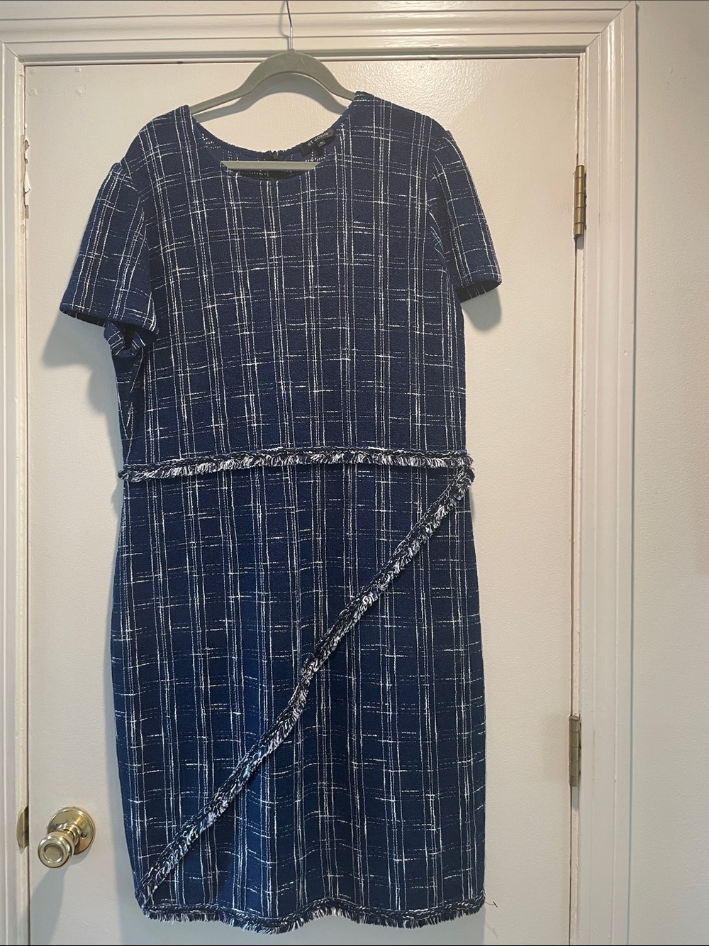 St. John Navy and White Plaid Asymmetrical Fringe Midi Dress
